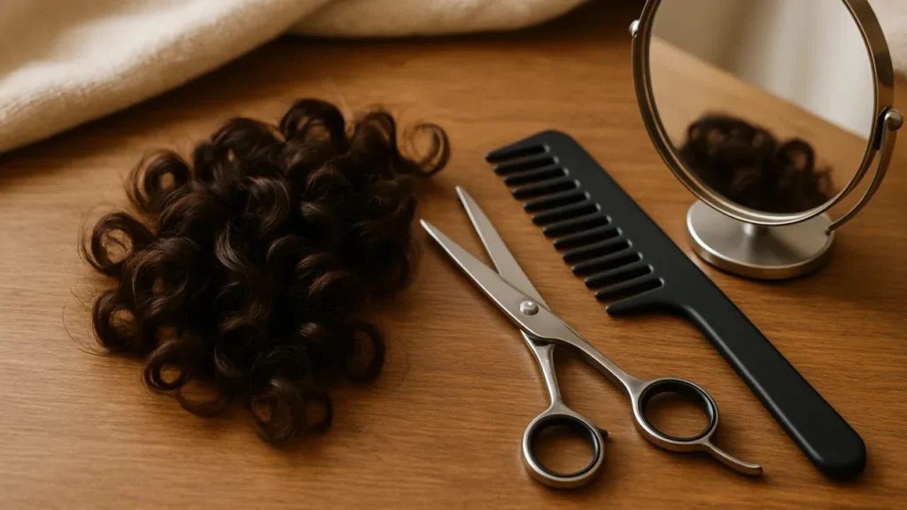 Itens para como cortar cabelo cacheado em casa, incluindo tesoura e pente, cenário aconchegante.