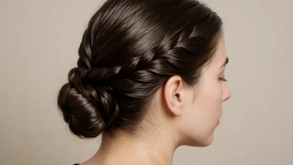 Cabelo com penteado elegante, tranças ou coque, disfarçando cabelo oleoso com estilo bonito.