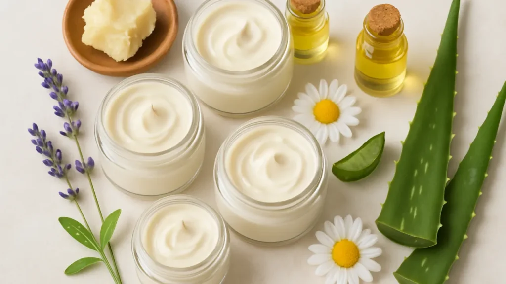 Cremes hidratantes naturais em potes abertos com ingredientes como manteiga, óleos e babosa.