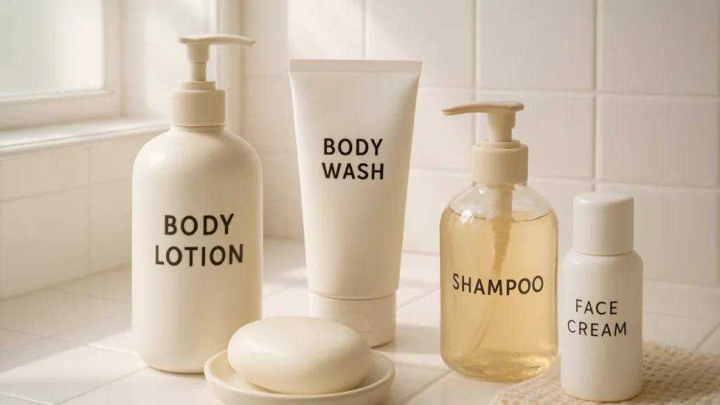 Produtos de cuidados com a higiene corporal em banheiro iluminado naturalmente.
