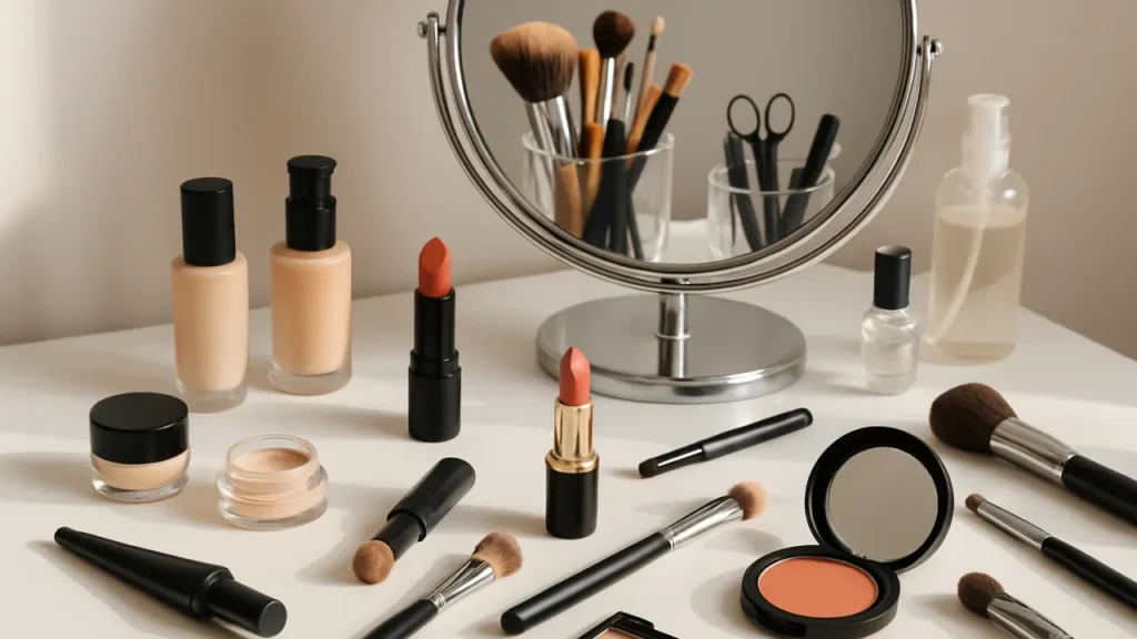 Erro comum na maquiagem básica: Penteadeira com cosméticos, pincéis e espelho refletindo organização.