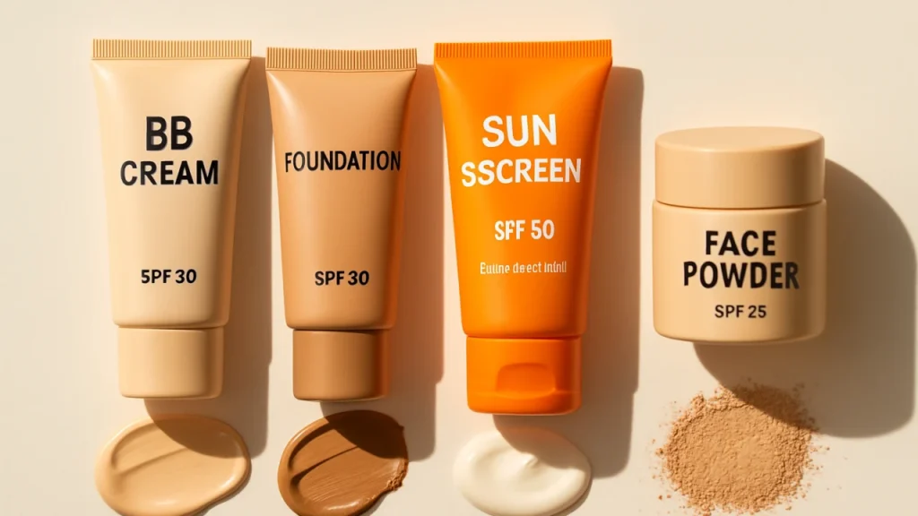 Produtos de maquiagem com FPS e protetor solar lado a lado, mostrando texturas em tons variados.