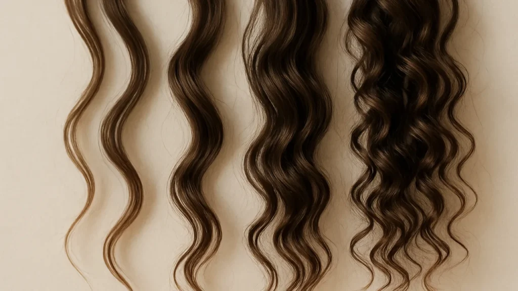 Close-up de fios ondulados 2a a 2c destacando tipos de cabelo ondulado em fundo neutro