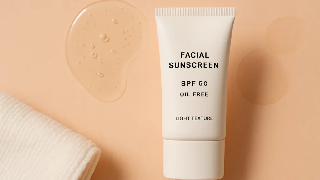 Filtro solar facial oil-free ideal para pele oleosa em embalagem minimalista, destacando o autocuidado.