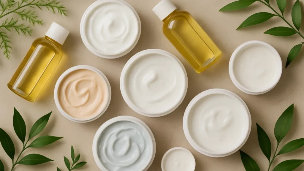 Vista superior de potes de hidratante, óleo e loções; diferenças entre hidratante corporal, loção e óleo.