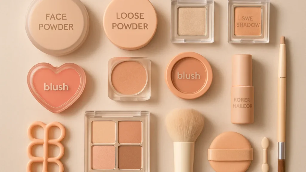 Flat lay de truques de maquiagem coreana com pós, blushes e sombras em fundo neutro.