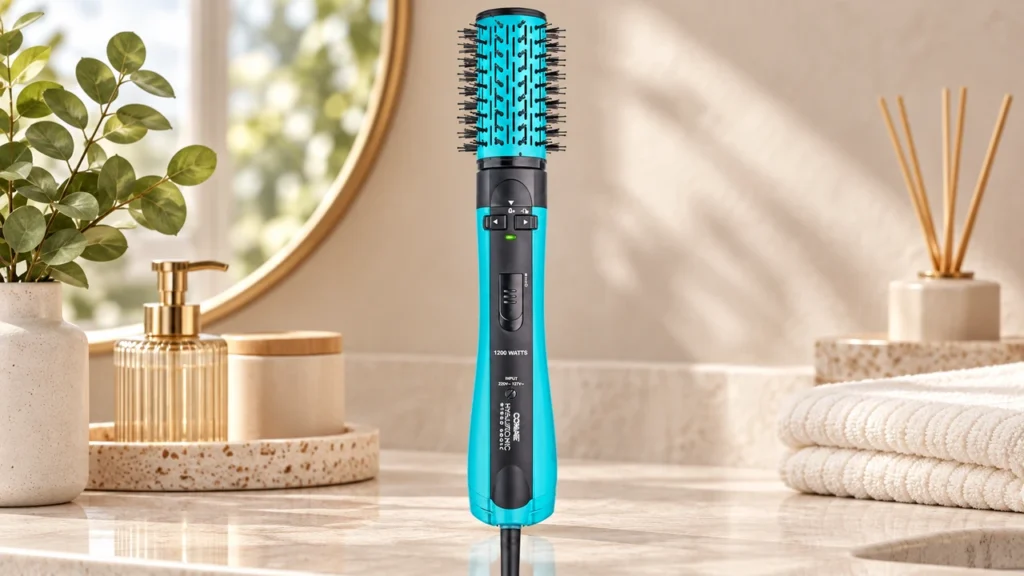Capa editorial da análise da escova secadora rotativa Conair Rotating Hyaluronic P1200DBR