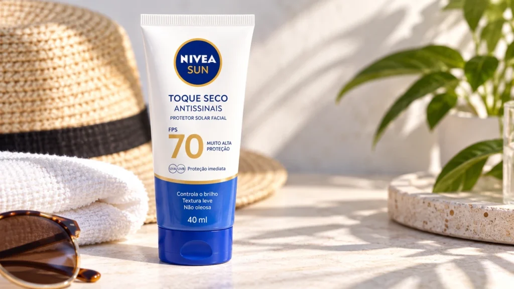 Capa editorial da avaliação do NIVEA Sun Toque Seco Antissinais FPS 70 40 ml