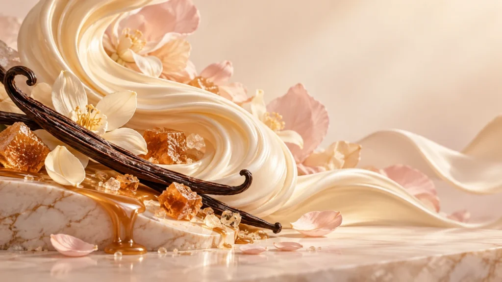 Ilustração editorial com baunilha, caramelo e flores em tons claros para a análise do Lattafa Eclaire