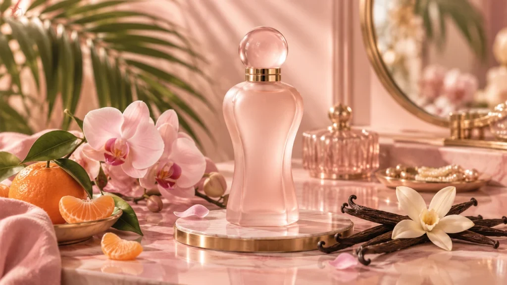 Ilustração editorial sobre o perfume Yara original, com frasco genérico e elementos florais